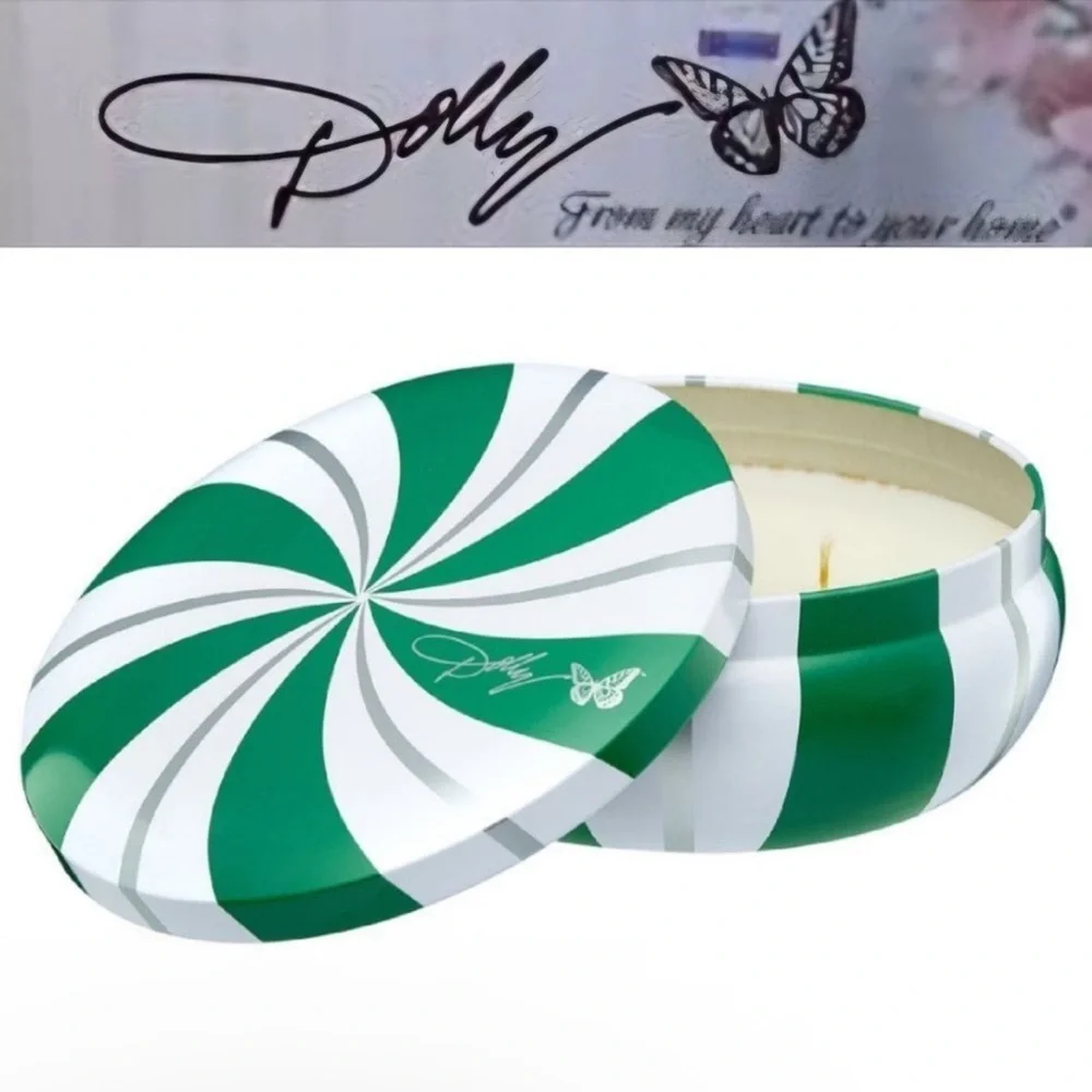 Dolly Parton Green and White Striped Candle Tin NEW